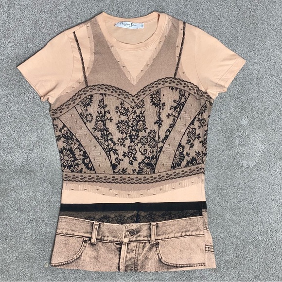 S VTG Y2k AUTH Christian Dior 2006 Trompe L'oeil Denim Lace Tee Shirt Logo Top - Picture 4 of 15